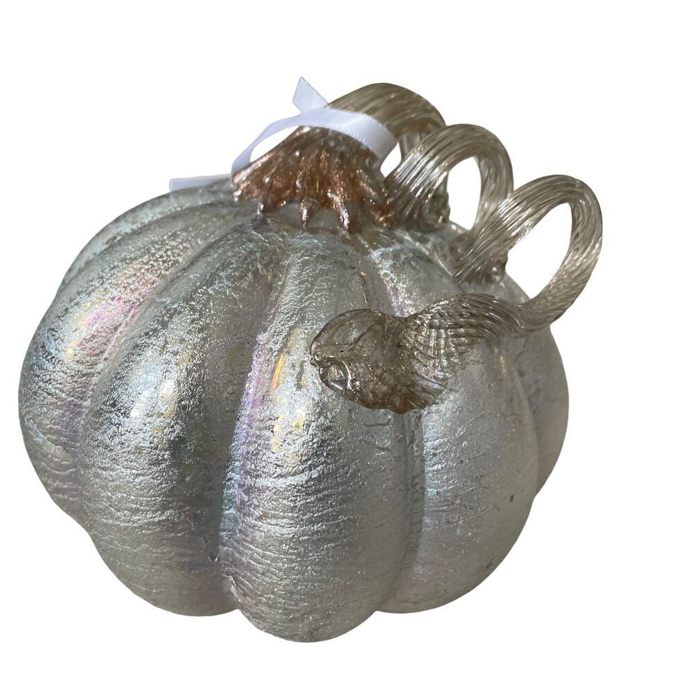 MIKASA Hand Blown Art Glass Pumpkin Metallic Silver Designer Fall Decor New